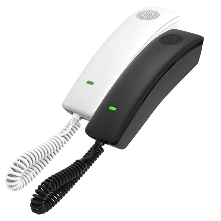 Two Fanvil H2U desk phones photographed at an angle, one white and one black. Each is a slim wedge with the handset molded into the top of the body, a small green indicator light on the front, and a coiled cord.