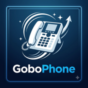 GoboPhone app icon: a desk phone with a curled handset cord, on a deep blue plate.