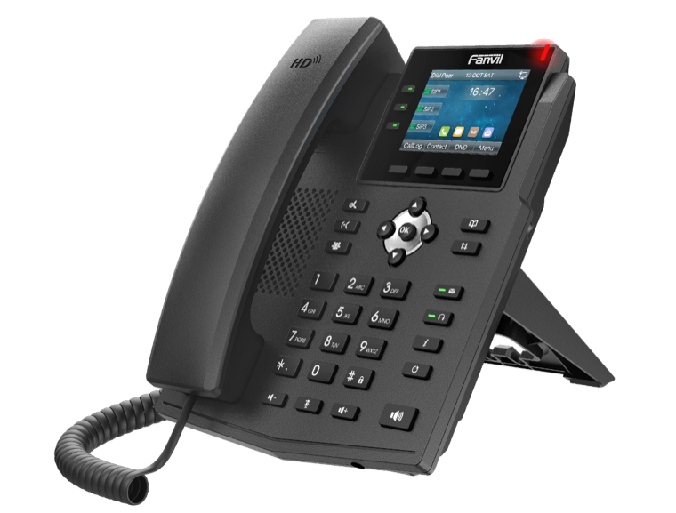 A black Fanvil desk phone with a corded handset, a color screen showing the time and its line labels, four soft keys beneath the screen, a navigation pad, a full numeric keypad, and a fold-out desk stand.